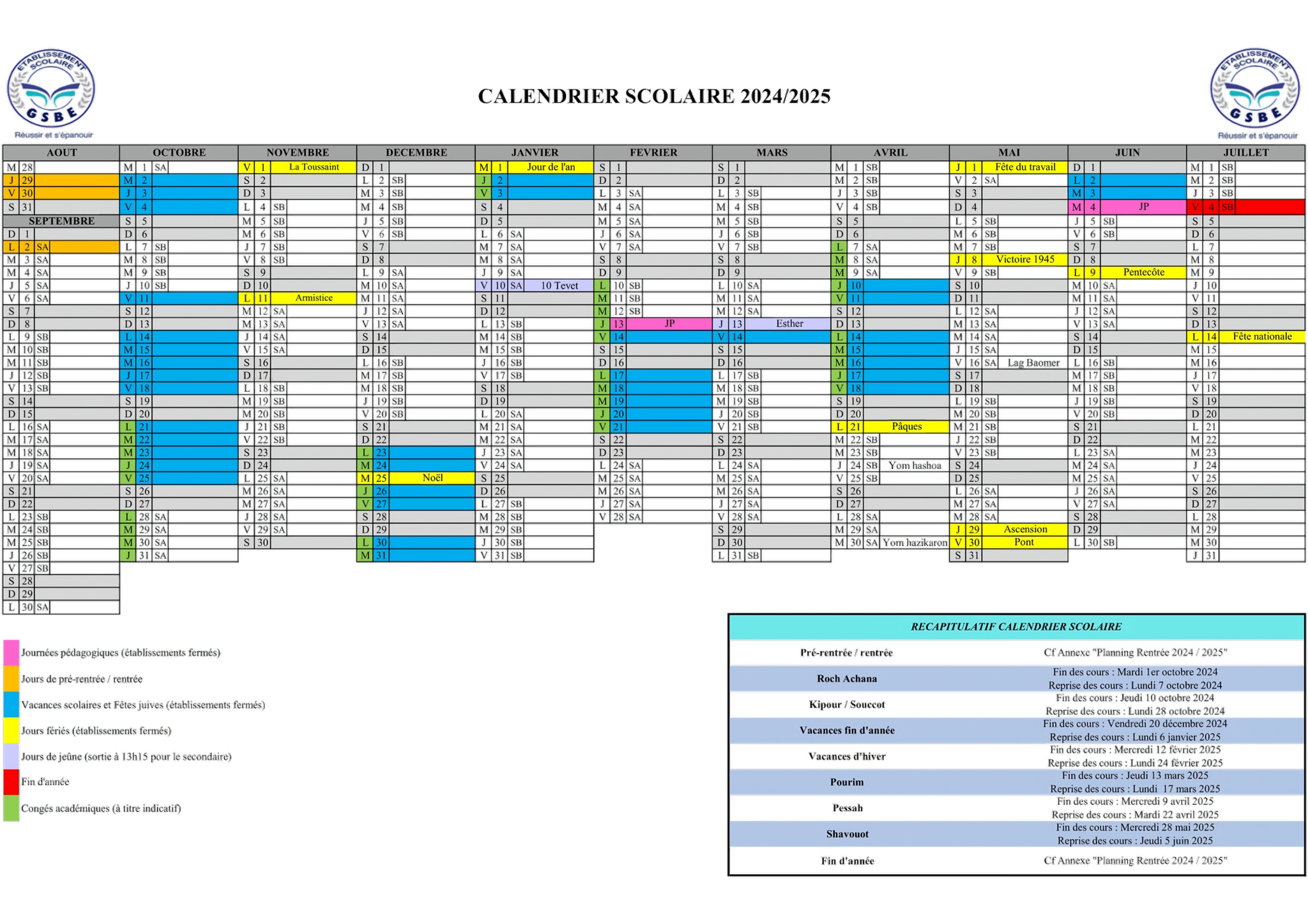 Calendrier 2024-2025